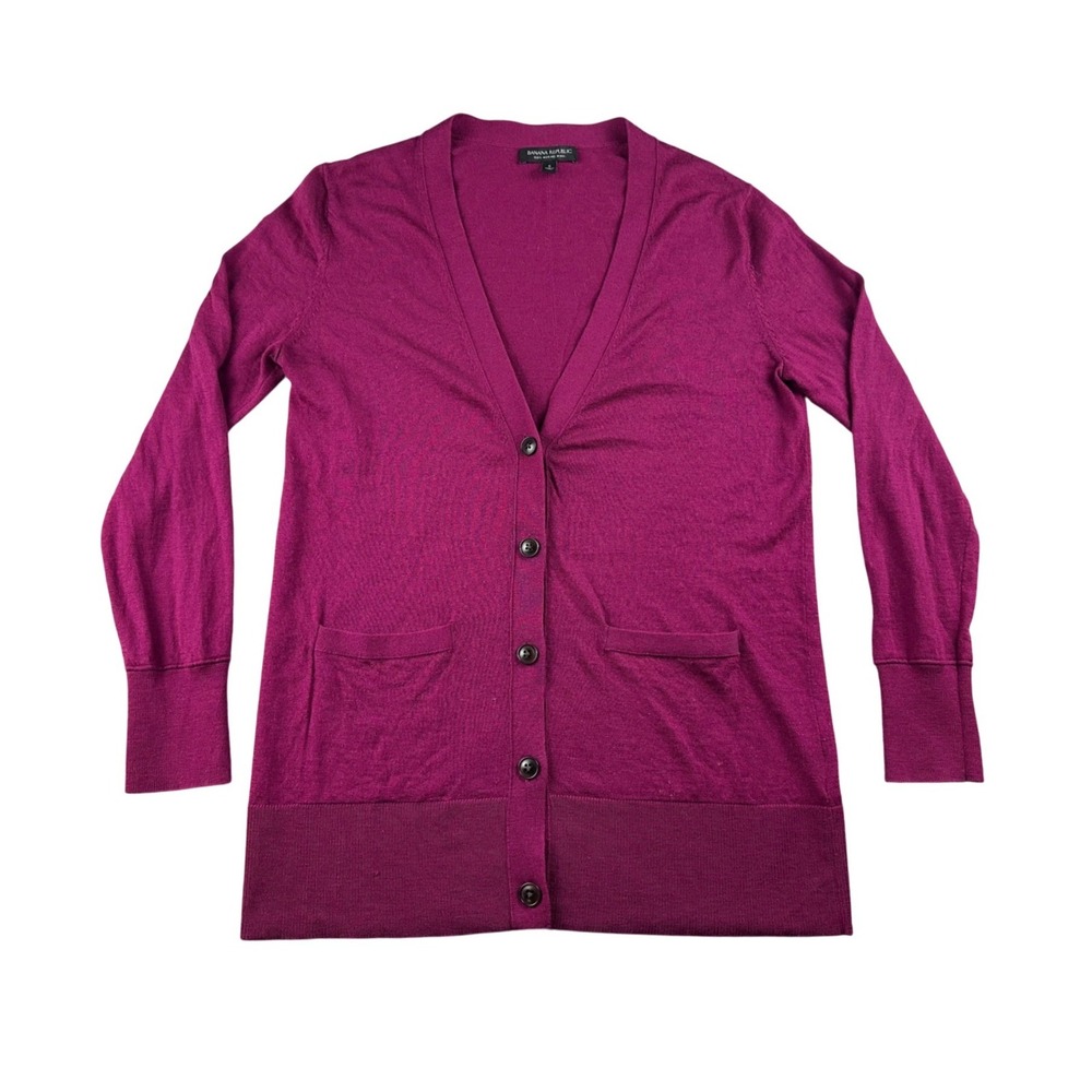 Banana Republic‎ Cardigan Women S Purple Merino Wool Magenta Button Front V-Neck